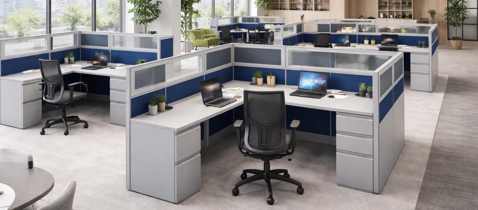 Stack Cubicles 54″H 6′×6′ Collaborative Cubicle with Glass Stackers – 24″-Deep Tops ...