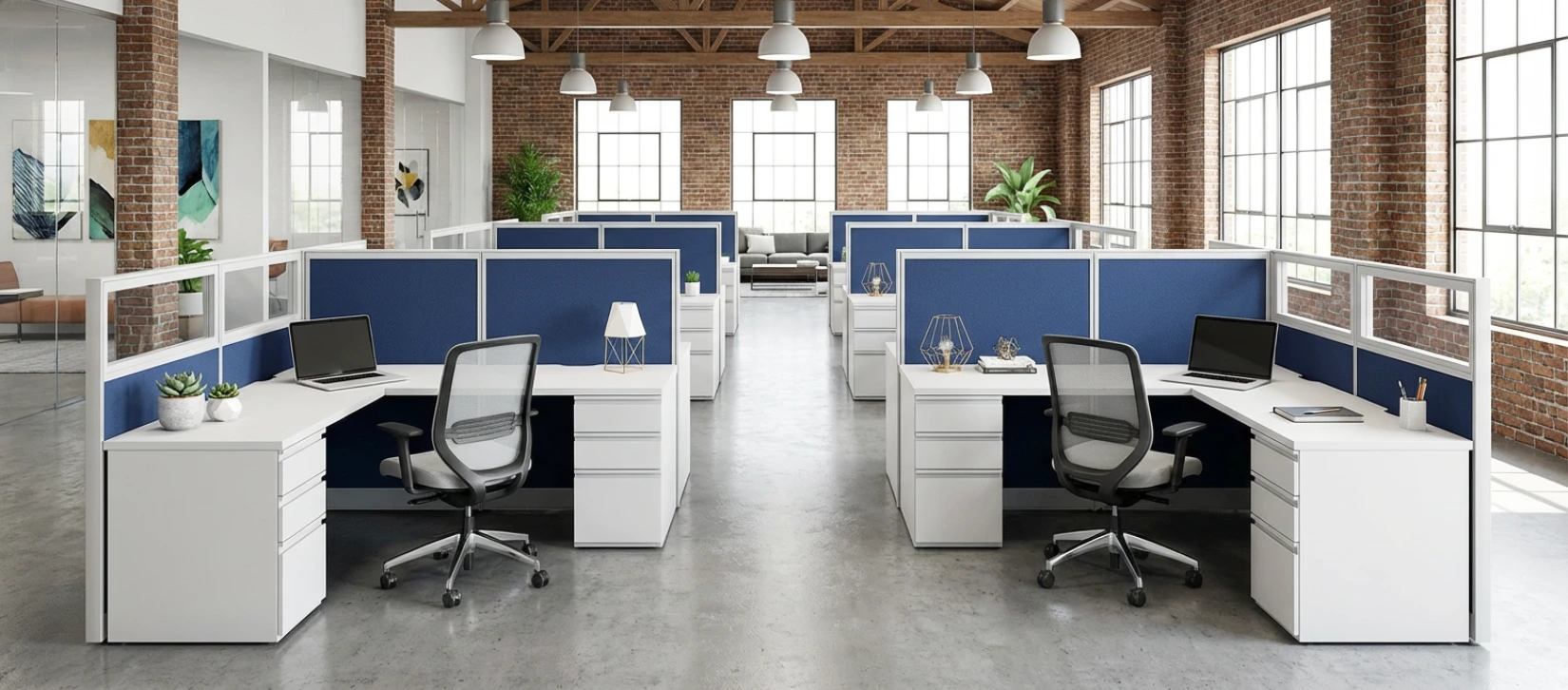 Double Stack Cubicles 54″H 6′×6′ 2-Pod Collaborative Cubicle with Glass Stackers – 24″-Deep ...