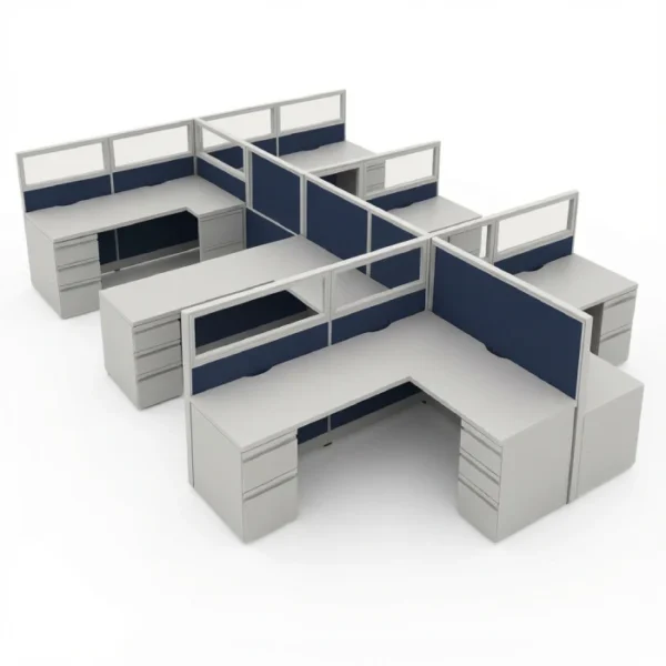 54″H 6′×6′ 6-Pod Collaborative Cubicle with Glass Stackers