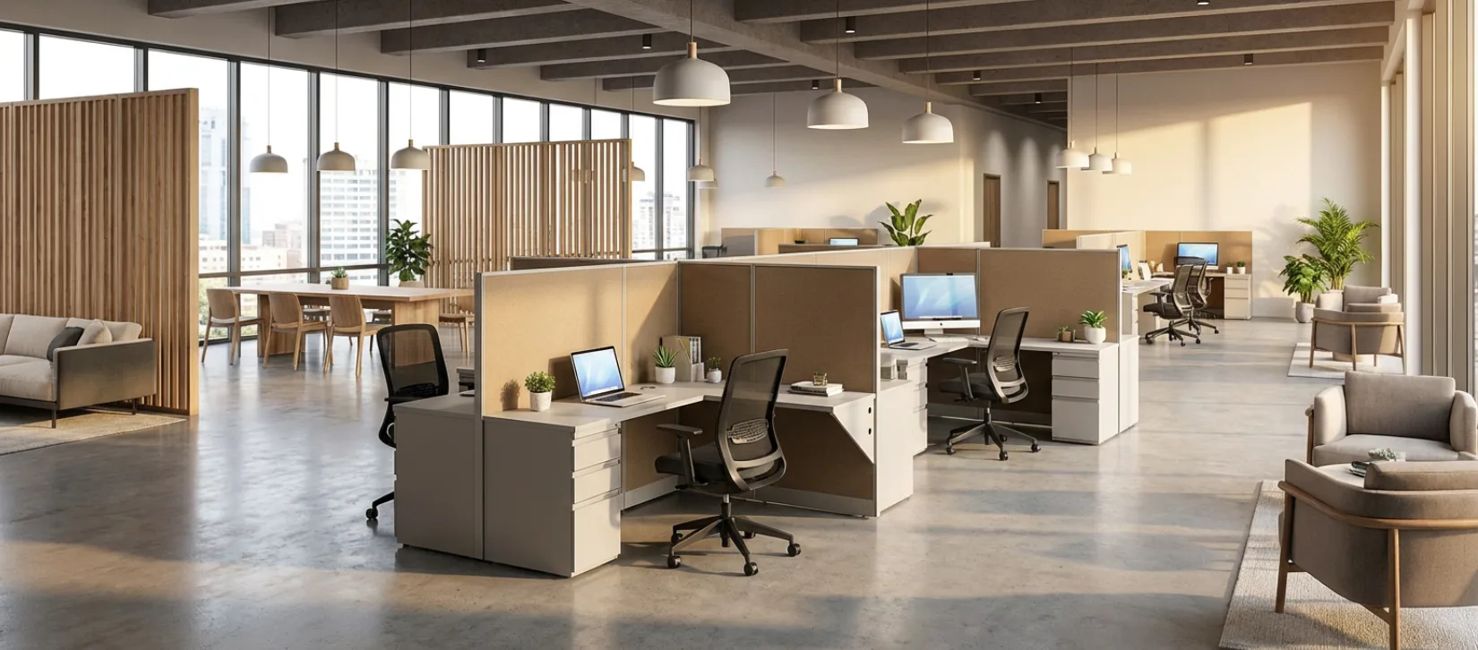 Single-Row 4-Pod 48″H 5′×5′ Cubicle– 24″-Deep Tops with BBF Pedestals